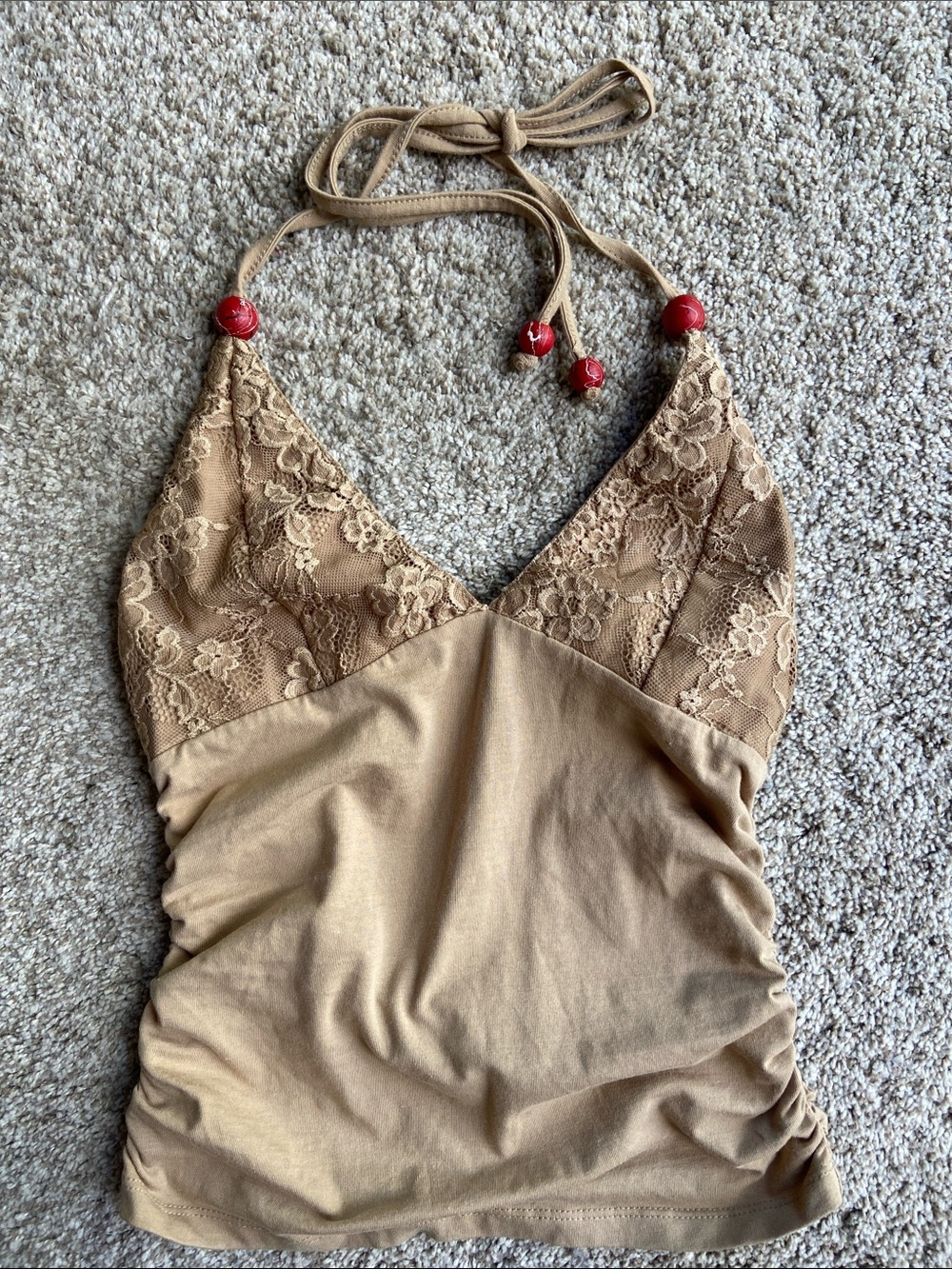 Lace Halter Tank Top in Tan with Red Bead Accents